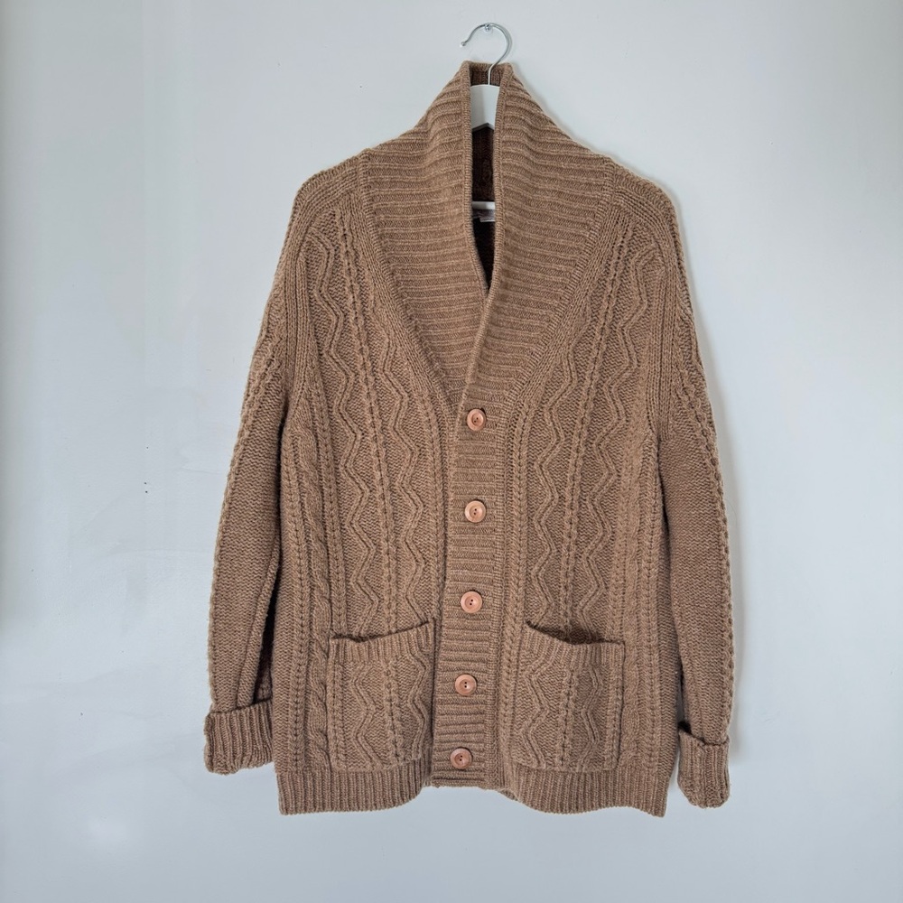 Wallace & Barnes J Crew Fisherman Cardigan Wool Cable Knit Beige Khaki Size M